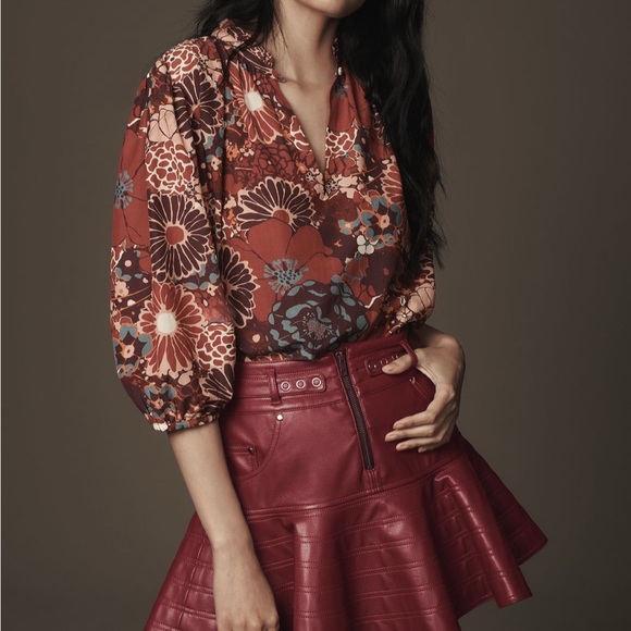 NWT!! Anthropologie PILCRO Fit-and-Flare Faux Leather Mini Skirt Wine Moto 2 - Picture 1 of 6